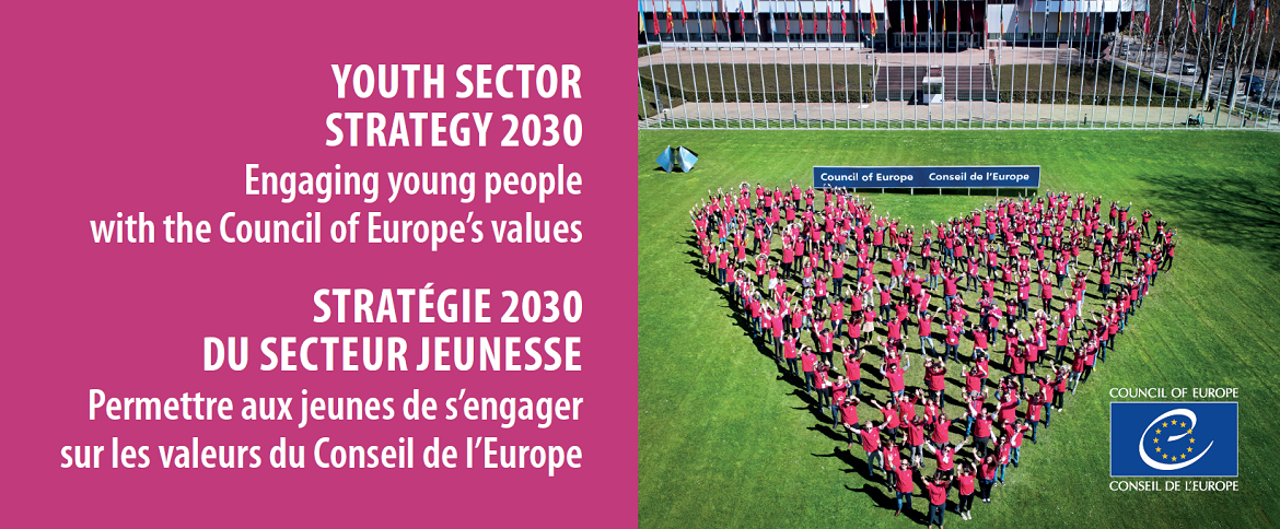 Banner "Youth sector strategy 2020, engaging young people with the Council of Europe's values" and image of young people in the shape of a heart on the Council of Europe front lawn