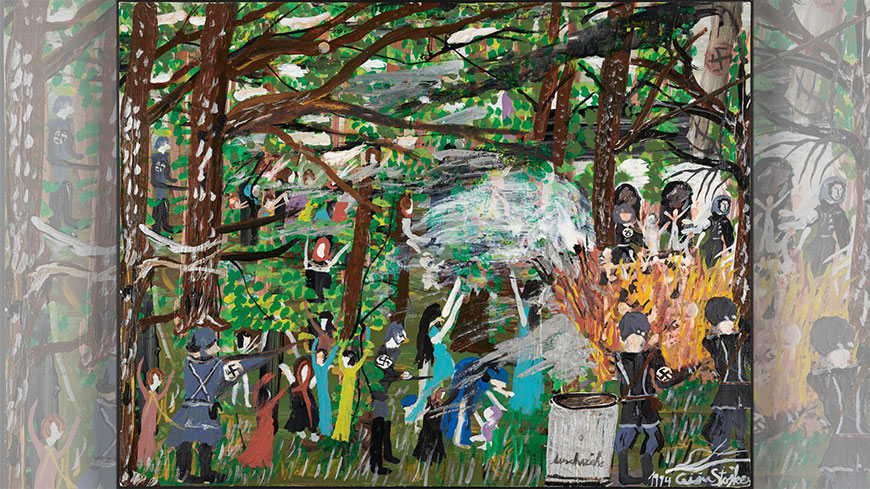 Persecution in the Forest. The Pit (1994), paint on cardboard by Ceija Stojka (1933-2013), Roma artist, Holocaust survivor who bore witness to the camps and spoke out against denial and forgetting, and against the antigypsyism pervasive in Europe. Art work from the collection of the Mucem (2018.77.1), ©Adagp, Paris 2023 ; photo : Marianne Kuhn / Mucem. Courtesy of European Roma Institute of Arts and Culture (ERIAC)