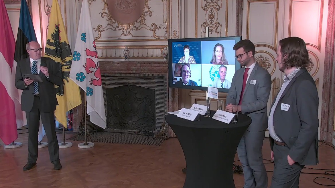 Sjur Bergan, Head of the CoE Education Department, Jakob Grodecki (ESU) and Colin Tück (EQAR) are photographed with the online participants of the panel during the hybrid event.