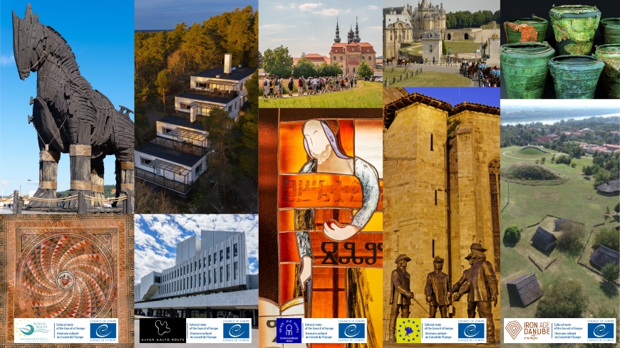 ©Aeneas Route; Trojan Horse ©Scarc/Shutterstock; ©Alvar Aalto Route; Finlandia Hall, Helsinki ©Kiev.Victor/Shutterstock; ©Cyril and Methodius Route (2x); ©The European Route d’Artagnan; Three musketeers, Condom, France ©Pierre Jean Durieu/Shutterstock;  ©Iron Age Danube Route (2x) (top and bottom pictures, from left to right)