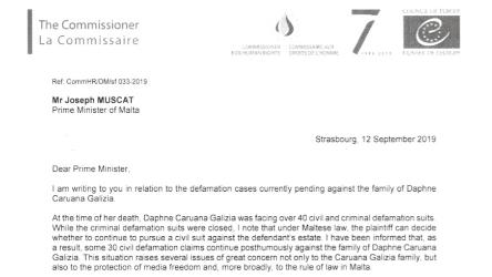 Commissioner calls on Maltese authorities to withdraw posthumous defamation lawsuits against the family of Daphne Caruana Galizia
