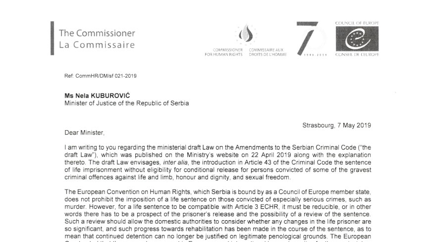 Комиссар призывает Сербию обеспечить принятие законопроекта о пожизненном заключении