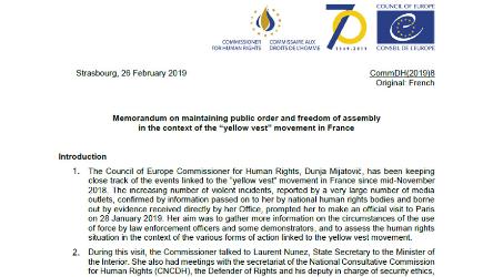 Maintaining public order and freedom of assembly in the context of the “yellow vest” movement: recommendations by the Council of Europe Commissioner for Human Rights