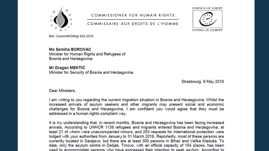 Комиссар призывает Боснию и Герцеговину улучшить помощь просителям убежища и мигрантам