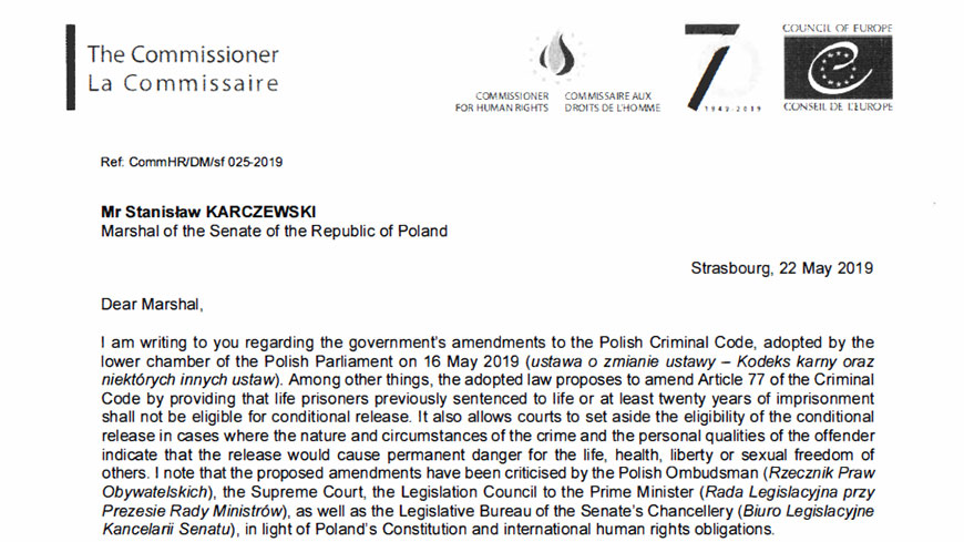 Комиссар сожалеет о принятии Сеймом и Сенатом Польши законодательства о пожизненном заключении, которое противоречит прецедентному праву Европейского суда по правам человека