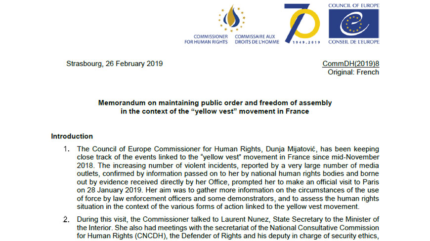 Maintien de l'ordre et liberté de réunion dans le contexte du mouvement des  « gilets jaunes » : recommandations de la Commissaire aux droits de l'homme  du Conseil de l'Europe - View