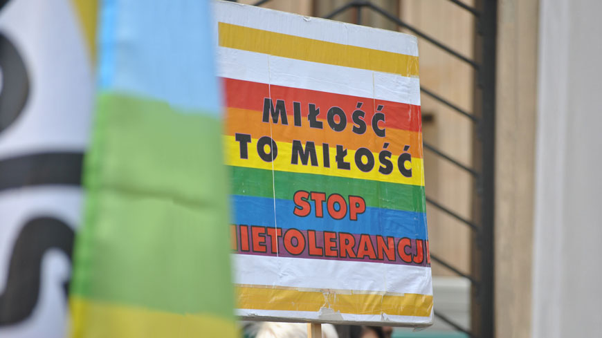 At a demonstration in Warsaw in October 2020, a sign with the message: “Love is Love. Stop intolerance”