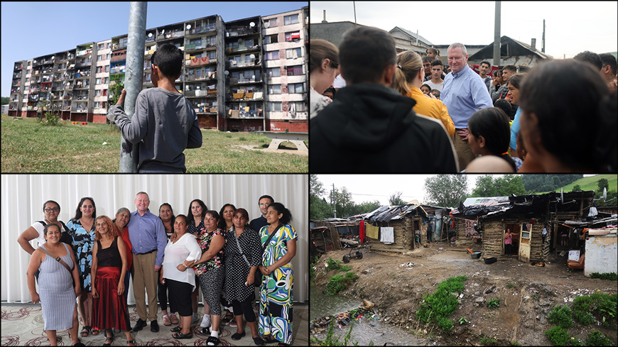 Top left: Luník IX neighbourhood in Košice. Top right: Council of Europe Commissioner for Human Rights Michael O’Flaherty meeting with the inhabitants of the Roma settlement in Jarovnice. Bottom left: Commissioner O’Flaherty meeting with Roma women activists. Bottom right: Roma settlement in Hermanovce, a village neighbouring Jarovnice. Credit Giorgos Moutafis