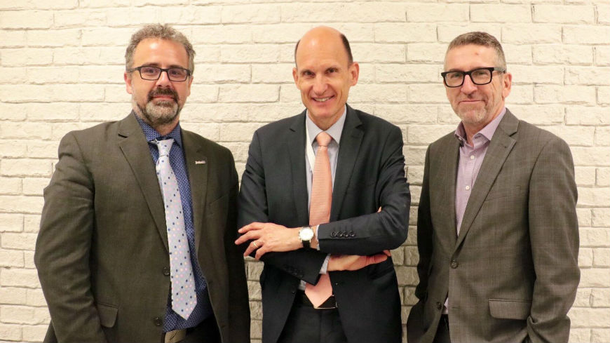 Patrick-Thierry Grenier, Deputy Minister of Justice of Quebec (left), Jan Kleijssen (center), Gilles Lajoie, Executive Director of the Société québécoise de l'information juridique (right)