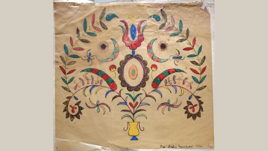 Ukrainian, Crimean Tatar örnek drawing (1920) by Adviya Efendiyeva, a Crimean Tatar master weaver and embroider (Central Museum of Tavrida via: Wikimedia commons)