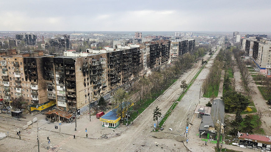 An aerial view shows damaged residential buildings in the southern port city of Mariupol, Ukraine April 18, 2022. REUTERS/Pavel Klimov