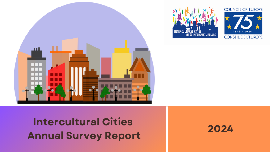 city skyline in a semi-spheric shape, with the text: Intercultural Cities Annual Survey 2024