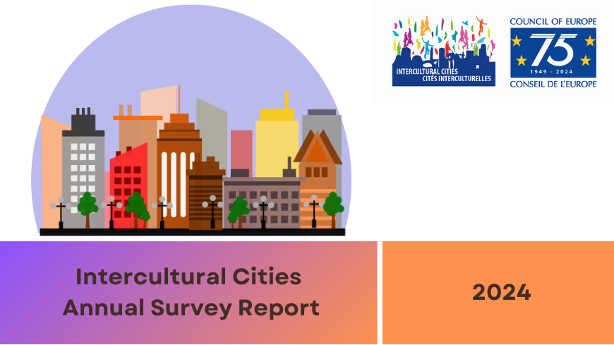 Horizon d’une ville dans une forme semi-sphérique, avec le texte : Cités interculturelles, Enquête annuelle 2024